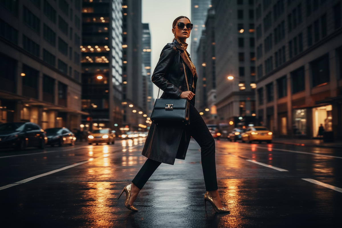 A woman walks across a wet city street at night wearing a black leather trench coat, black pants, black pointed-toe heels, and carrying a black leather handbag with a gold chain strap.